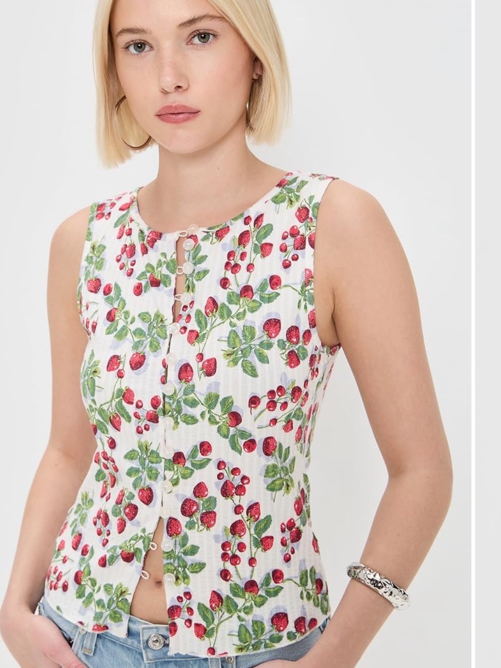 NWT Free People Sz L Tilly Vest Strawberry Button Top